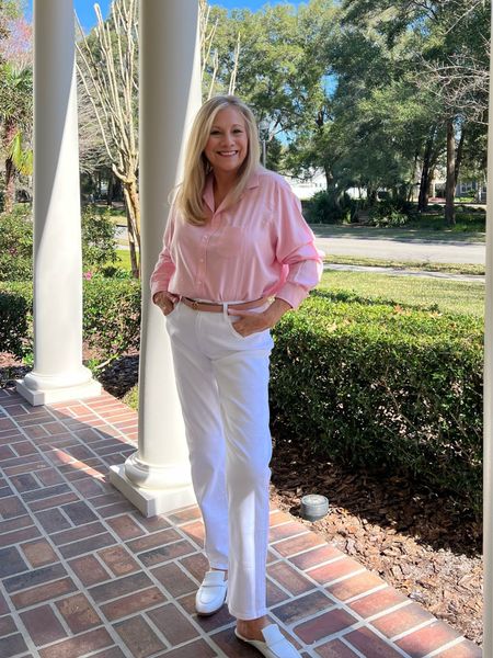 A Valentine's Day Look featuring white jeans and a pink button-up shirt. #Valentine’sDayOutfit

#LTKMostLoved #spring outfit

#LTKGiftGuide