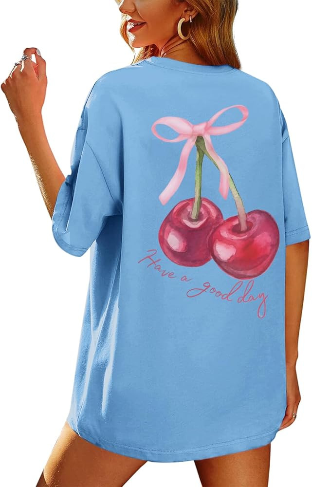 BINTEHGS Oversized Graphic Tees for Women Trendy Cherry Printed Shirt Cute Summer Aesthetic Cotto... | Amazon (US)