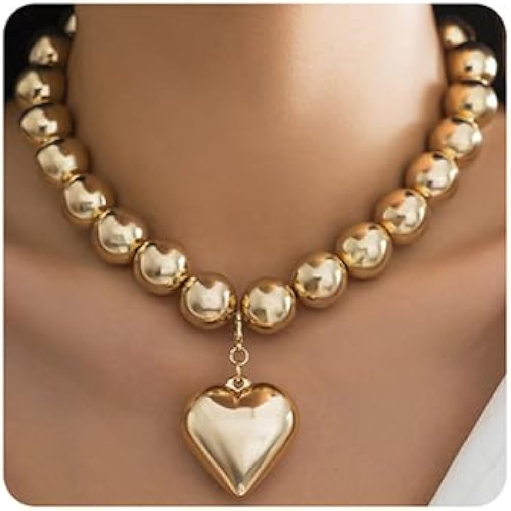 Dainty Big Beaded Choker Necklace Boho Chunky Bib Chain Love Heart Pendant Necklace Punk Statemen... | Amazon (US)