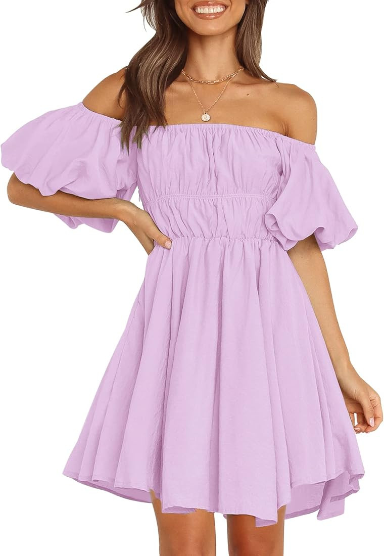 MEROKEETY Women's Puff Sleeve Off Shoulder A Line Dress Ruffle Shirred Summer Mini Dress with Poc... | Amazon (US)