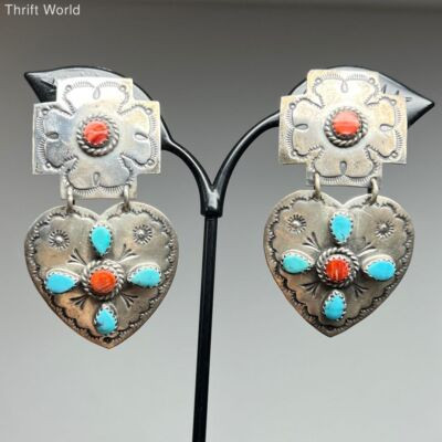 Native American Sterling Silver Heart Turquoise Coral Clip On Earrings  | eBay | eBay US