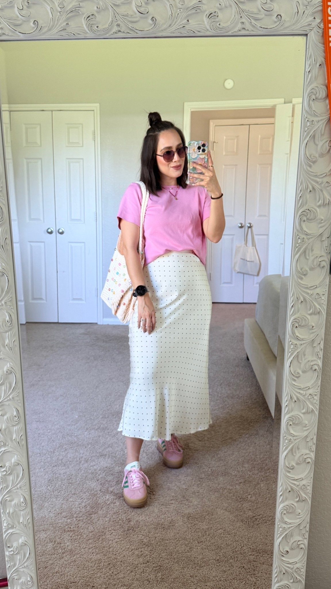 OOTD as a mom of 3! Size medium on tee and size down on adidas gazelle 
Skirt is from Holley Girl size medium
5’1”-145 lbs