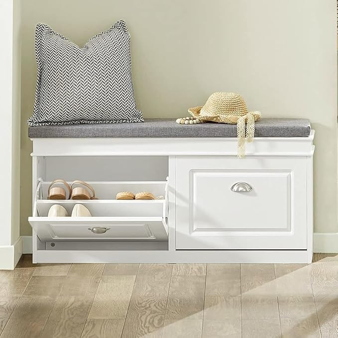 Haotian FSR64-W, White Shoe Storage Bench with 2 Flip Drawers & Padded Seat Cushion, Modern Desig... | Amazon (US)