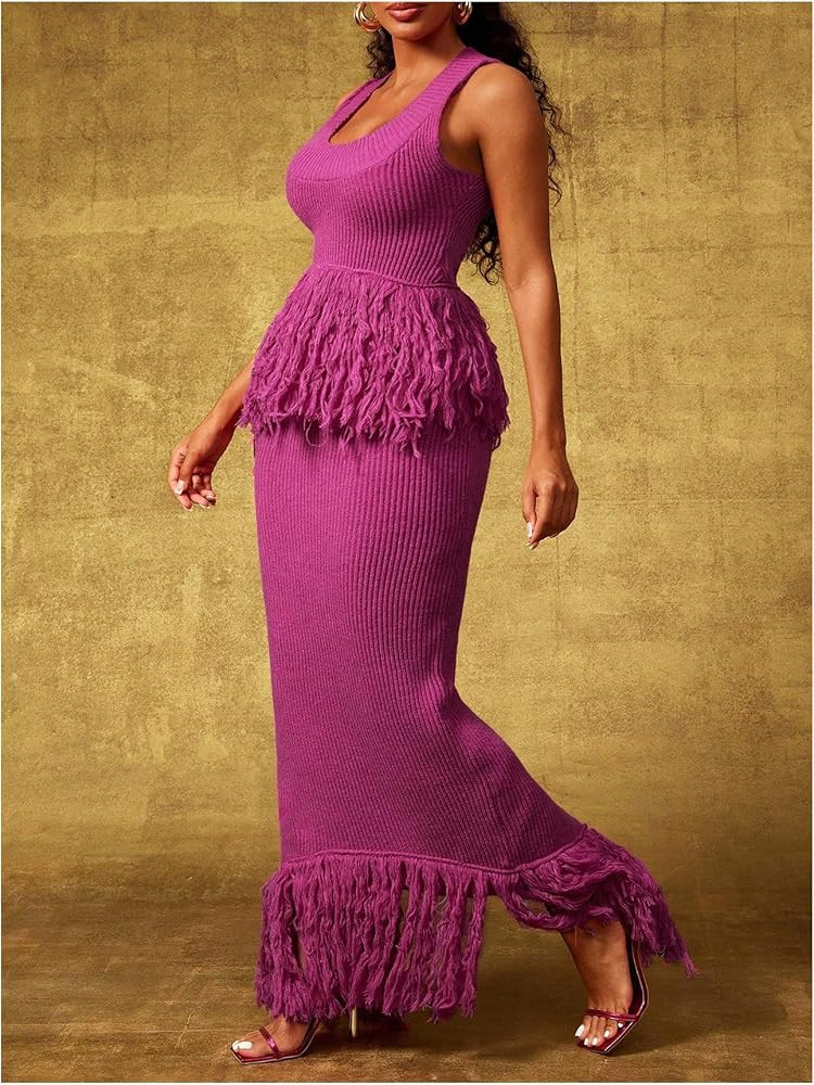 Milumia Women's Ribbed Knit Fringe Maxi Skirt Elegant High Waist Back Slit Bodycon Sweater Skirts | Amazon (US)