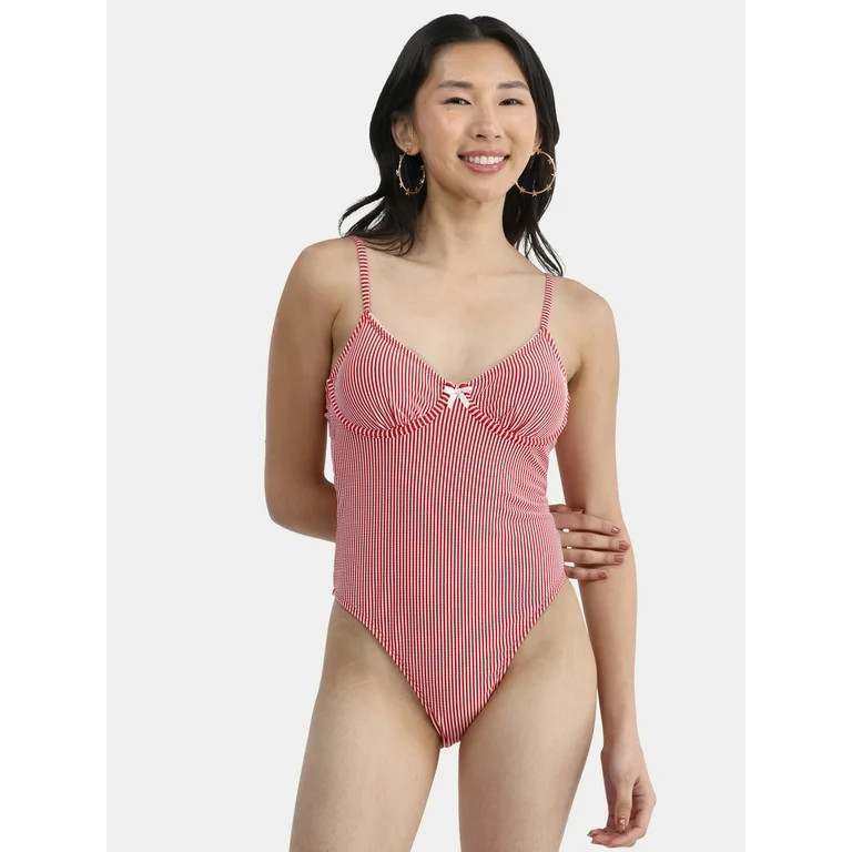 No Boundaries Picot Neckline One Piece Swimsuit, Women's | Walmart (US)