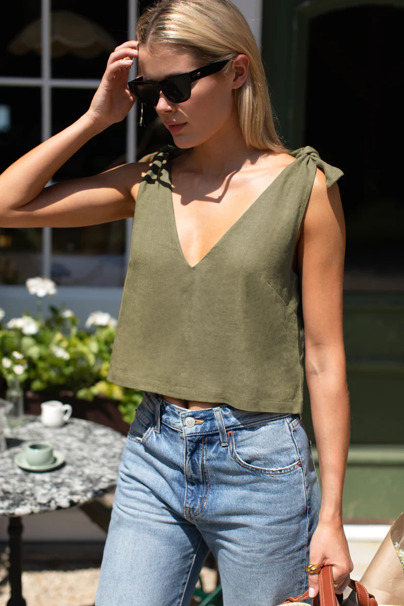 Tie Shoulder Mod Top - Gothic Olive Linen | Emerson Fry