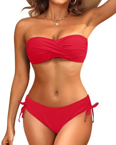 Women's Red Strapless Bandeau Bikini Set - Twist Front Two Piece Swimsuit Top with Side Tie Bathing Suit Bottom S | Amazon (US)