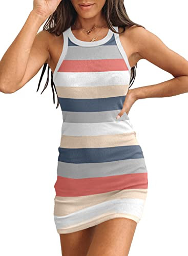 Samefar Womens Summer Sexy Bodycon Dress Scoop Neck Slim Ribbed Sleeveless Tank Dresses Stripd Multicolor Mini Dress X-Large | Amazon (US)