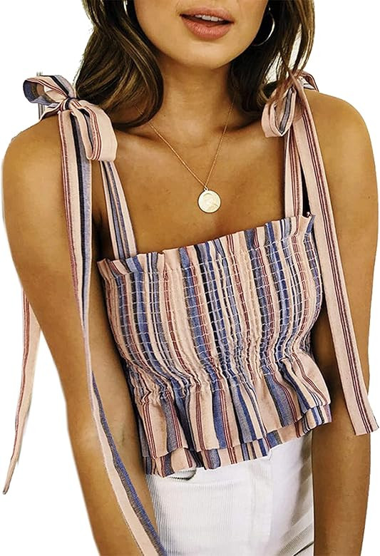 Women's Frill Smocked Crop Tank Top Tie Shoulder Strap Vest | Amazon (US)