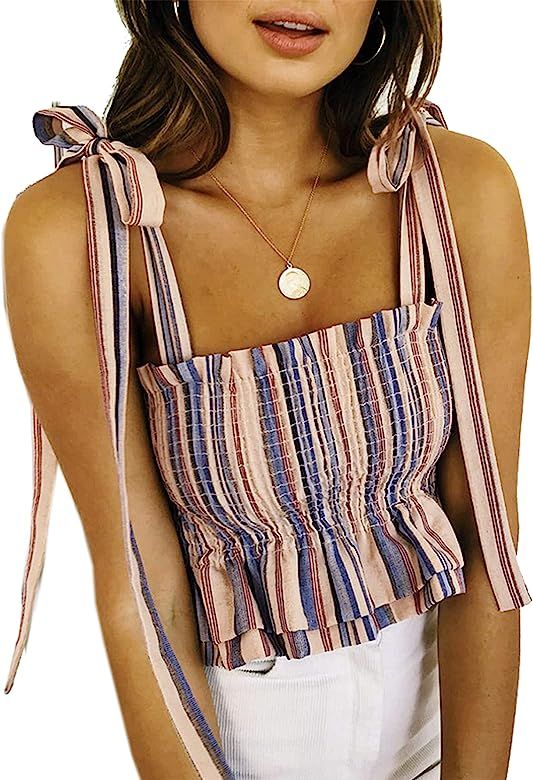 Women's Frill Smocked Crop Tank Top Tie Shoulder Strap Vest | Amazon (US)