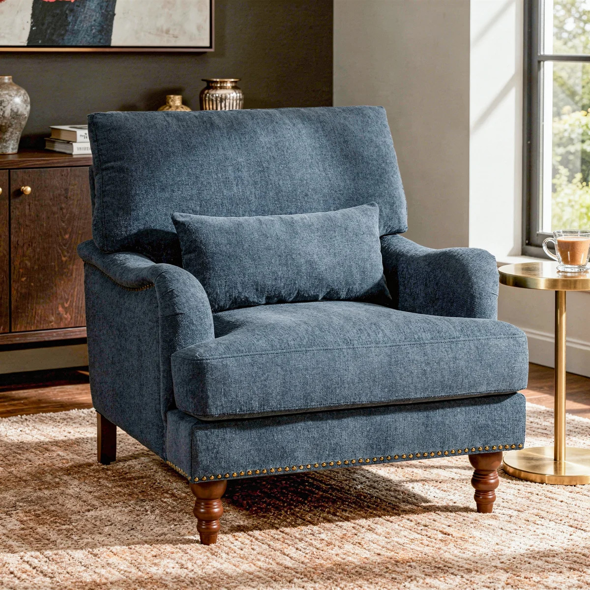 Upholstered Navy Nailhead Trim Accent Chair with Throw Pillow and Solid Wood Legs | Wayfair North America