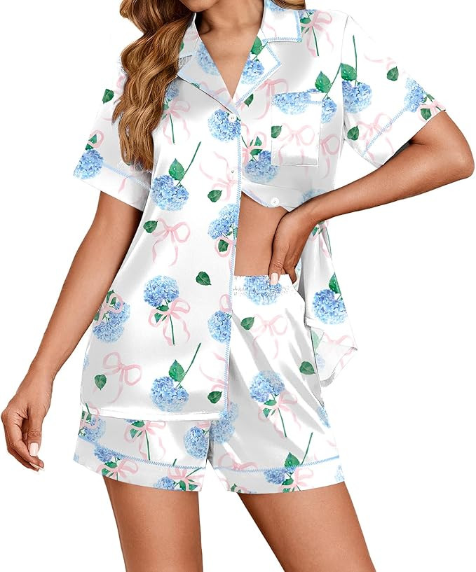 Ekouaer Womens Satin Silk Pajamas Set Short Sleeve Sleepwear Button Down Top and Shorts Loungewea... | Amazon (US)
