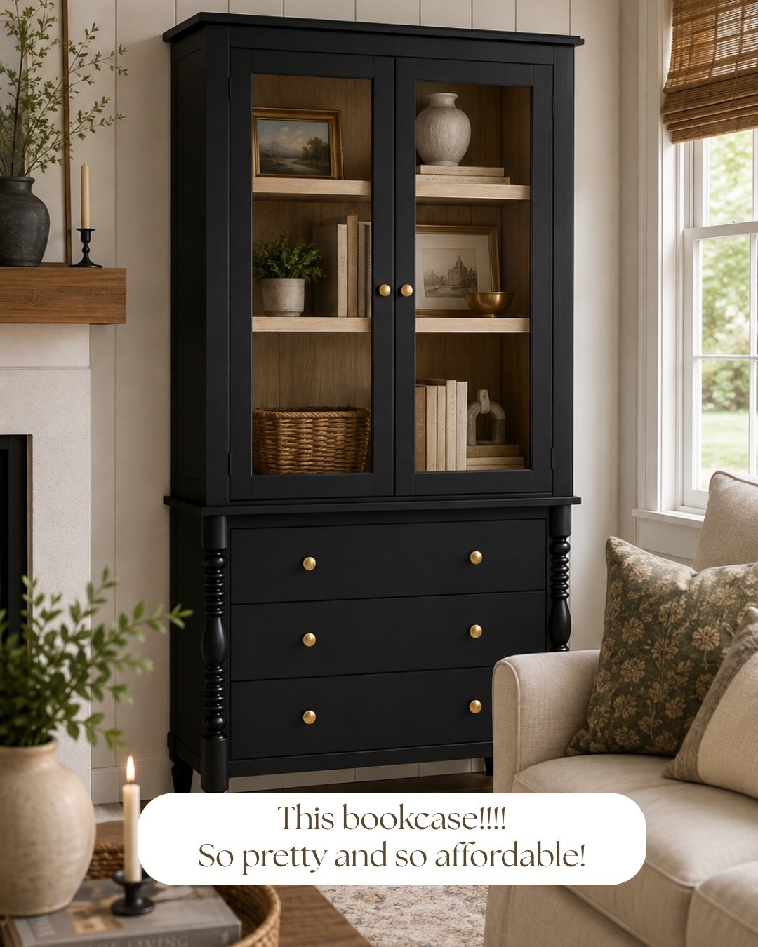 This bookshelf is giving modern cottage perfection 🤎 The black finish, warm wood interior, glass doors + those gorgeous turned legs make it feel so much more expensive than it is! Perfect for adding storage AND displaying all your favorite books and decor.

#LTKHome #LTKSaleAlert
