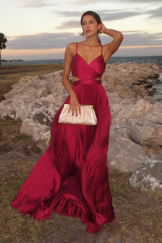 Got the Glam Wine Red Pleated Cutout Maxi Dress | Lulus