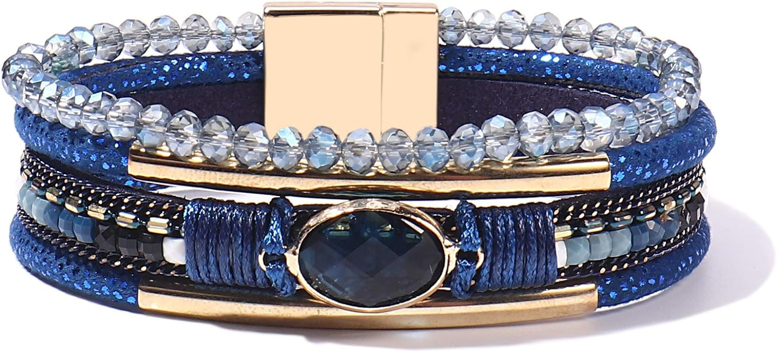 FANCY SHINY Leather Wrap Bracelets Crystal Beads Bracelet Boho Cuff Stone Charm Bracelets with Cl... | Amazon (US)