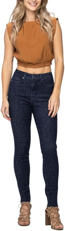 Judy Blue Dark High Waist Tummy Control Raw Hem Skinny | Amazon (US)