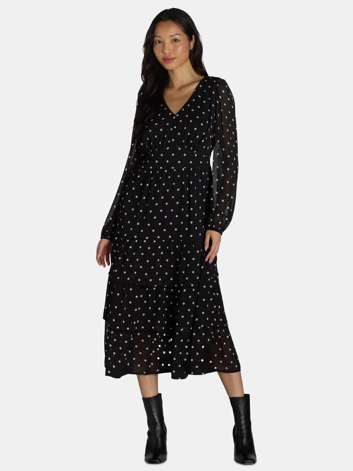 Time and Tru Women's Print Dress with Long Sleeves, Size XS-XXXL | Walmart (US)