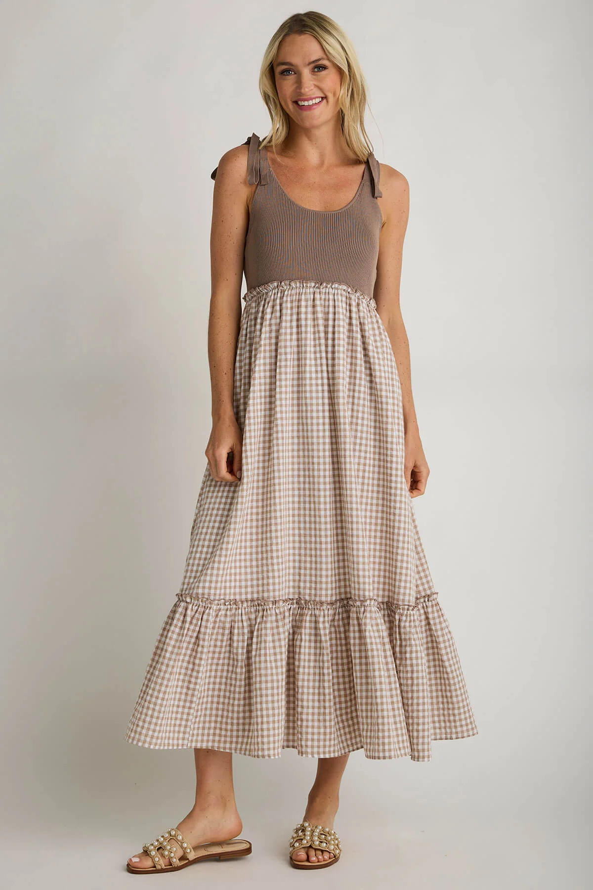 &amp;Merci Ribbed/Knit Gingham Print Midi Dress | Social Threads