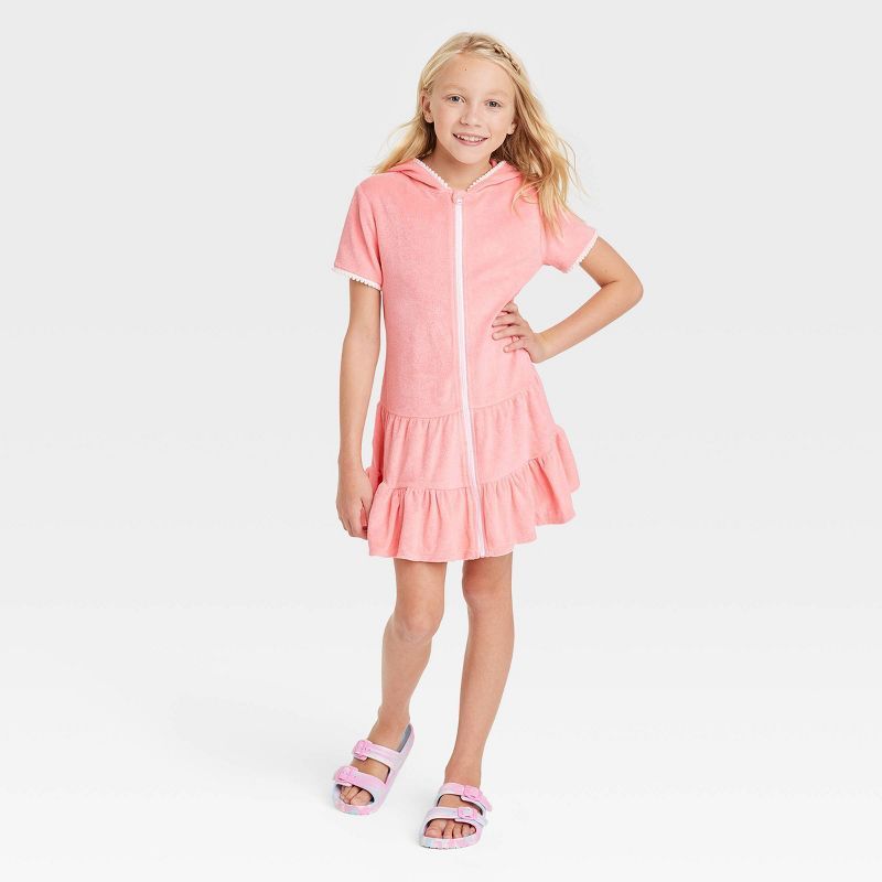 Girls' Hooded Terry Zip Swimsuit Cover Up Dress - Cat & Jack™ Coral Pink | Target