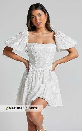 Esthela Mini Dress - Embroidered Square Neck Short Puff Sleeve Corset in White Floral | Showpo (US, UK & Europe)