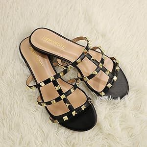 Women's Rivets Studs Strap Flats Summer Daily Buckle Flat Sandals | Amazon (US)