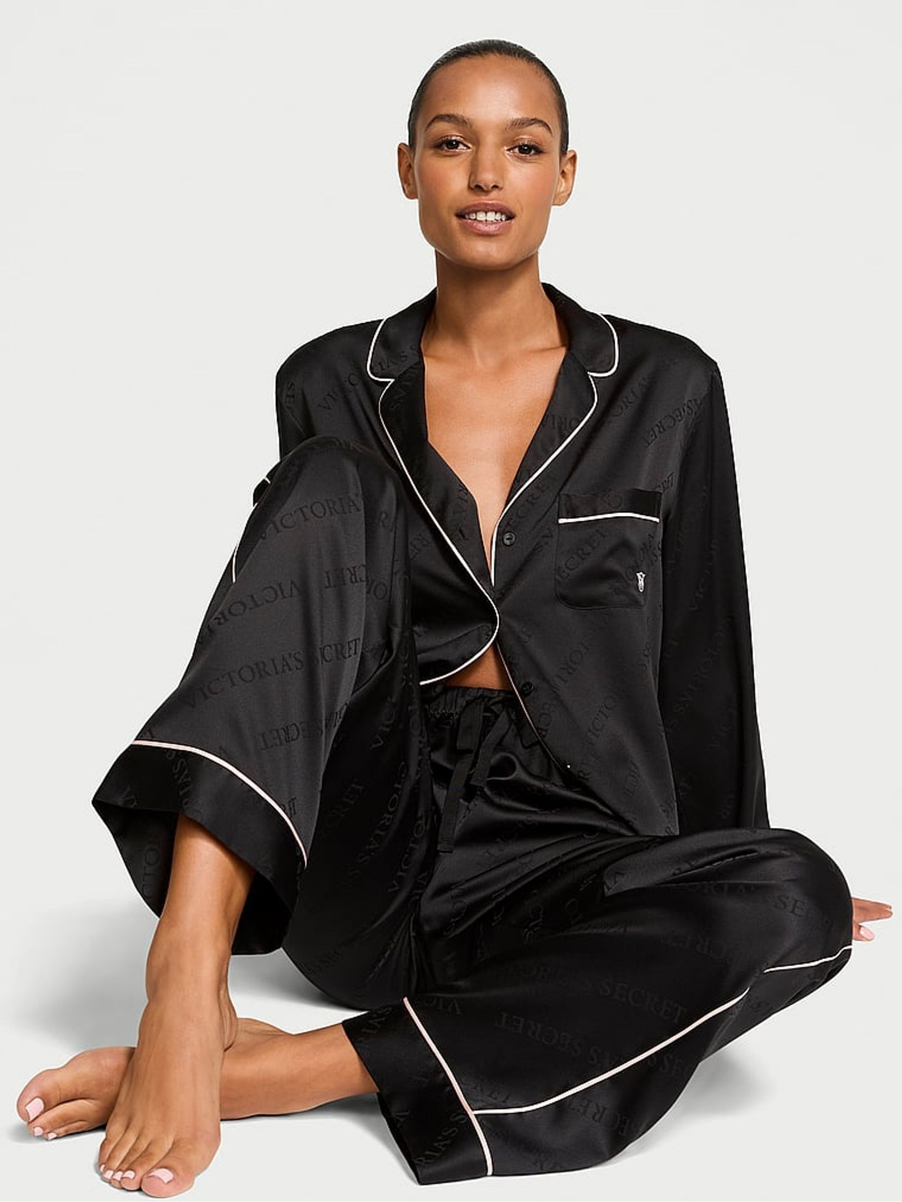 Black Diagonal Logo Satin Long Pyjama Set | Victoria's Secret UK | Victoria's Secret UK