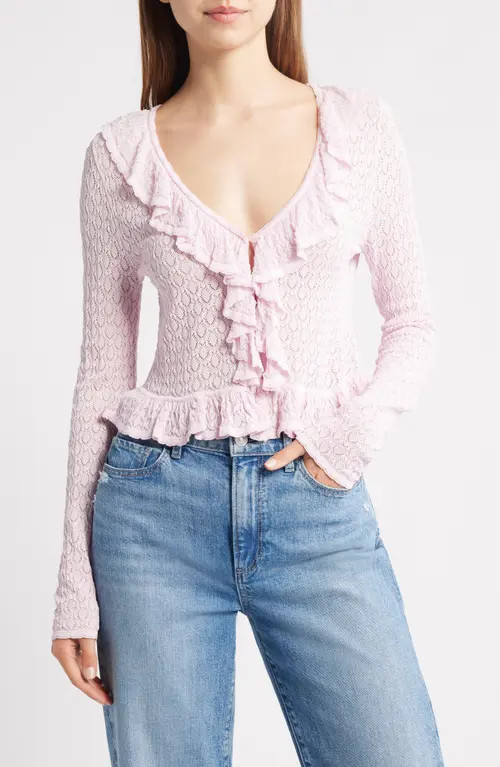 LoveShackFancy Nilah Ruffle Pointelle Cardigan in Lotus Petal at Nordstrom, Size Medium | Nordstrom