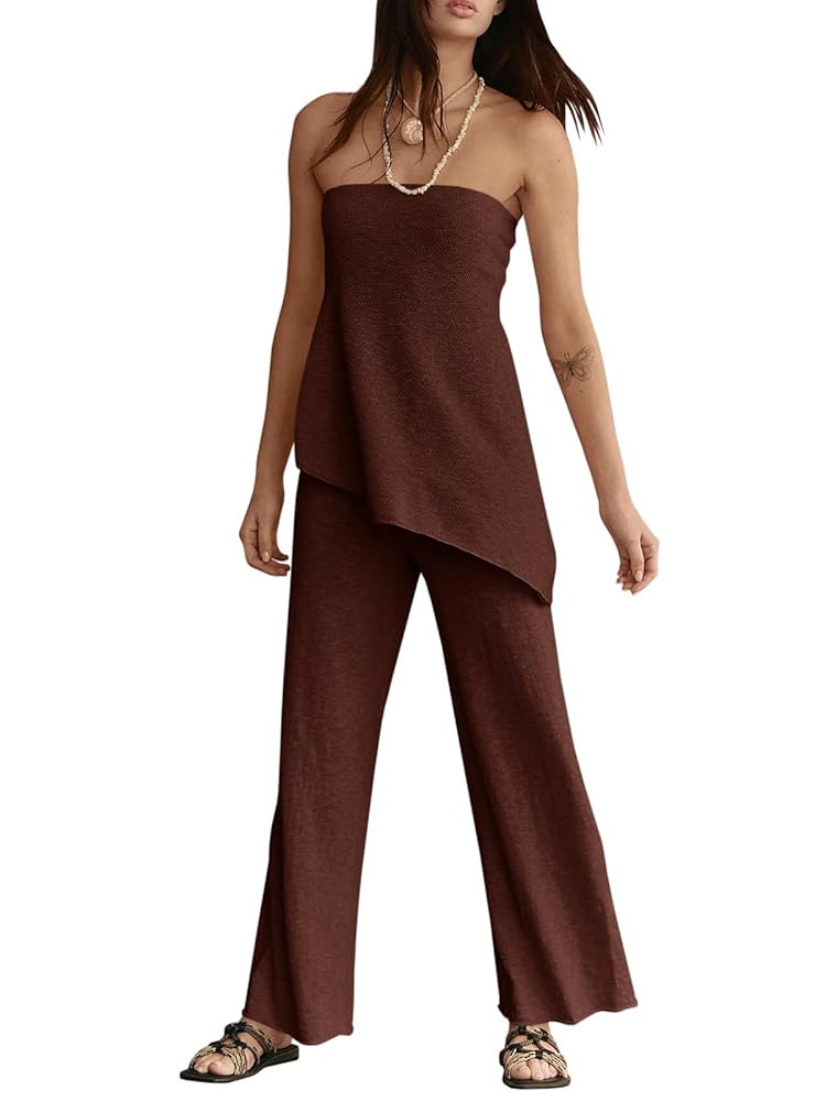 Tankaneo Womens 2 Piece Outfits Asymmetrical Tube Top Wide Leg Pants Knit Vacation Travel 2025 Ma... | Amazon (US)