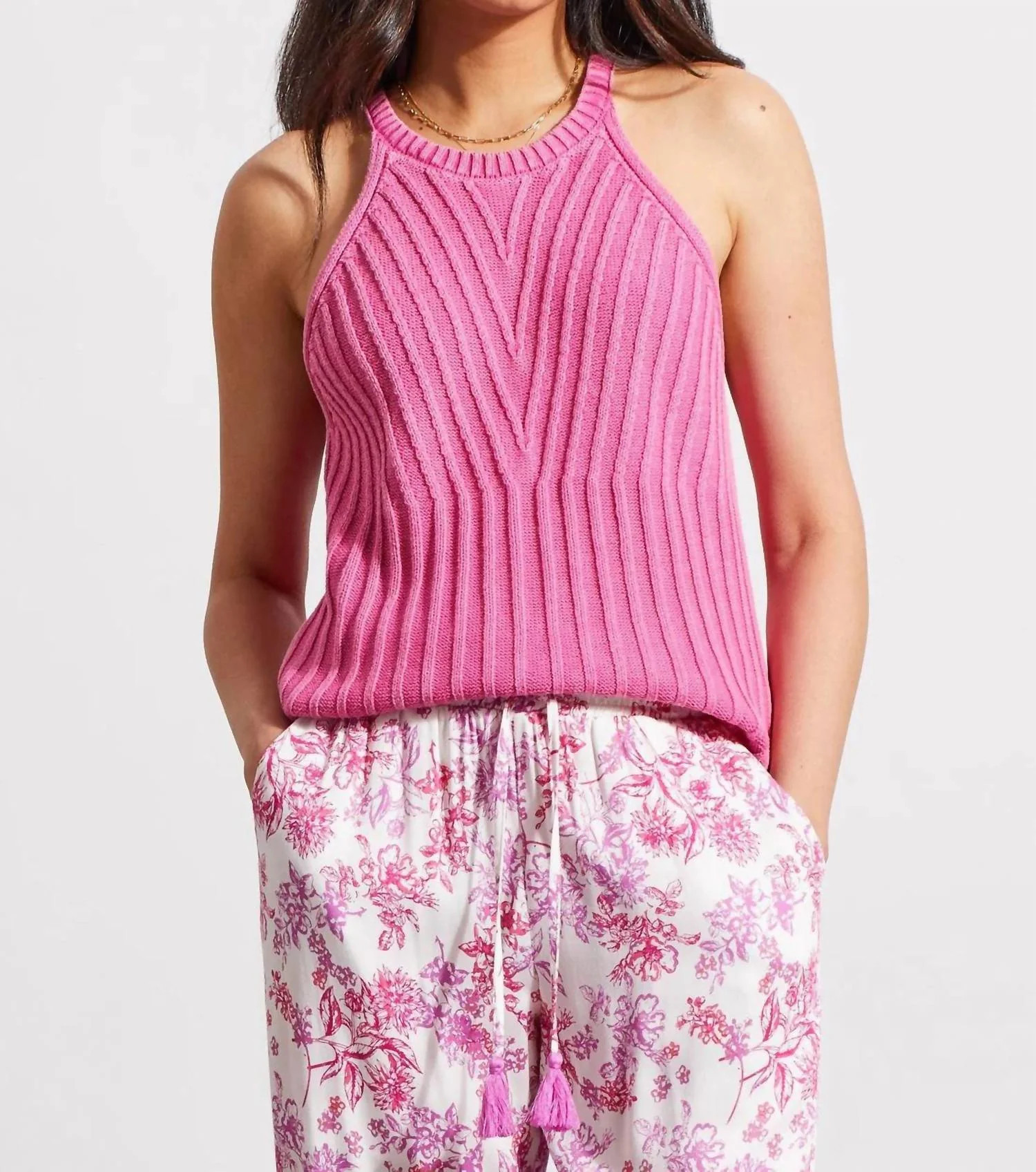 Halter Sweater Tank With Special Wash Effect In Hi Pink | Shop Simon