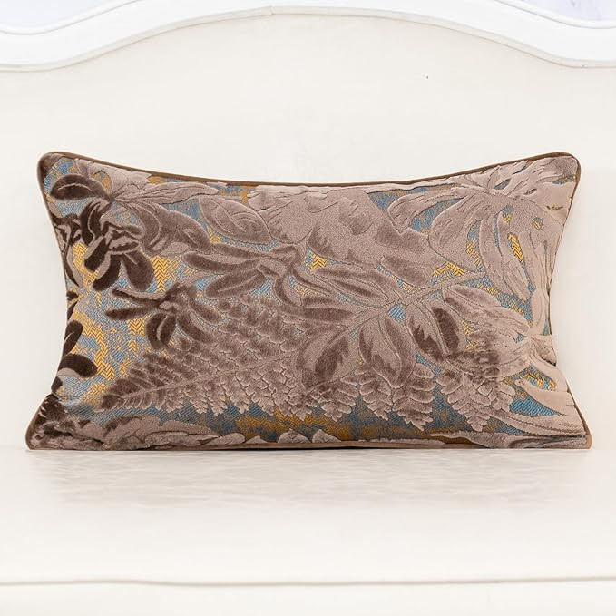 Alerfa Brown Throw Pillow Cover 12x20 Inch, Rectangle Cut Velvet Maple Leaf Embroidery Luxury Far... | Amazon (US)
