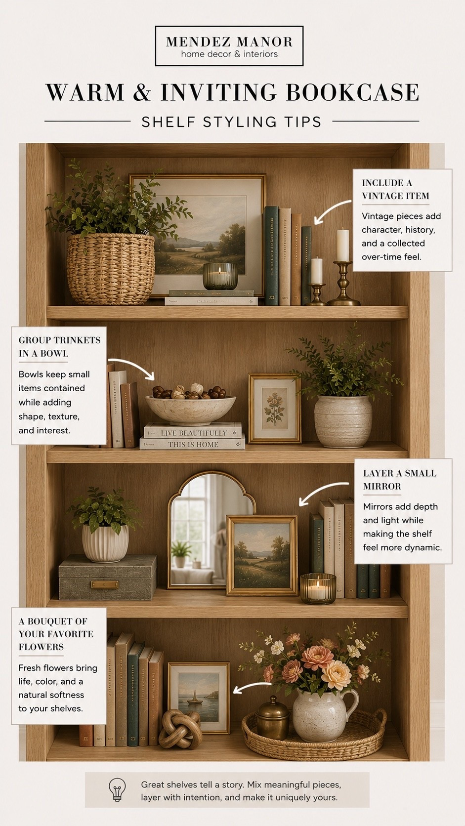 Bookcase shelf styling home decor and accessories for a warm and inviting look. 

Here we are including artwork for layering, decorative books, vases, bowls, and small mirrors. 

🏡 Through my flat-rate virtual design packages, I create complete room plans - including layout, furniture selections, finishes and shoppable links - so you can confidently bring your space to life. Visit mendezmanor.com to reserve your package. 👍🏻

#LTKHome