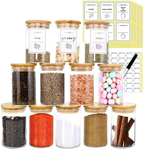 Luvan 9 oz Glass Spice Jars with Bamboo Lids, 12 Pack Clear Kitchen Seasoning Jars with 148 Printed  | Amazon (US)