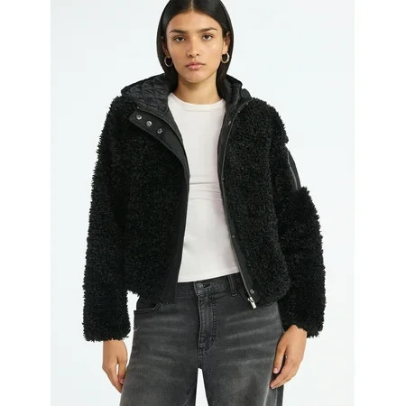 Scoop Women's Mixed Media Teddy Jacket with Hood, Midweight, Sizes XS-XXL | Walmart (US)