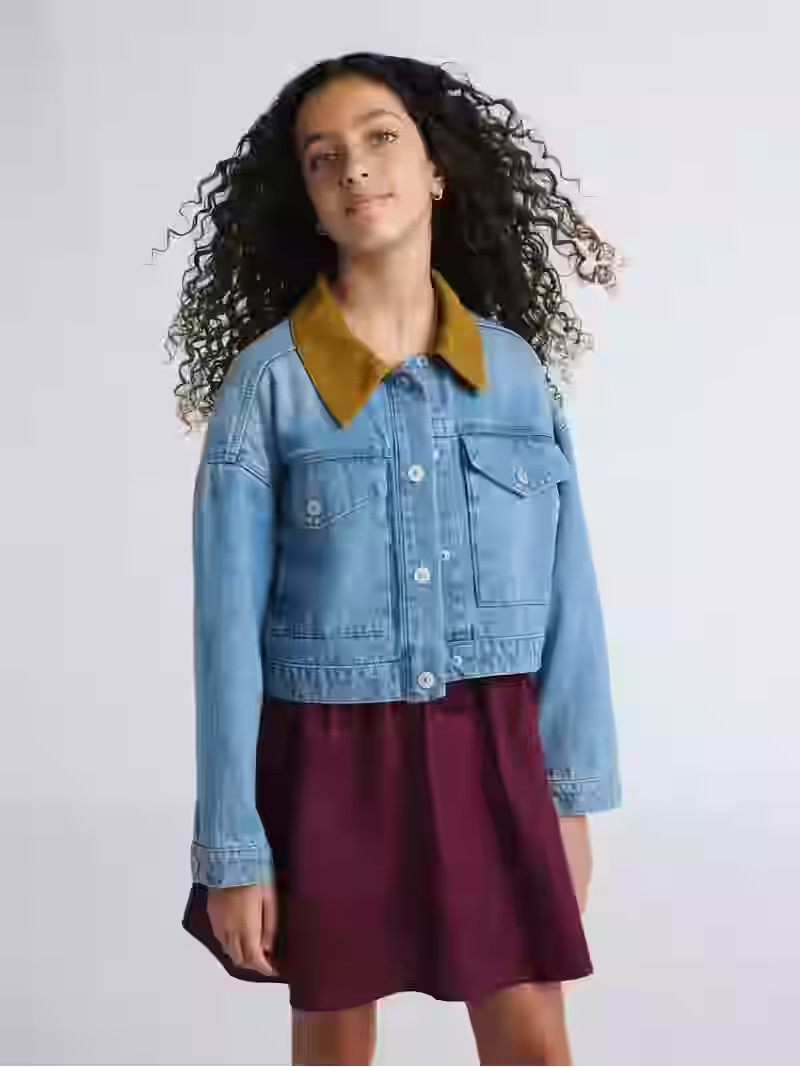 Weekend Academy Girls Denim Workwear Jacket with Corduroy Collar, Sizes 4-18 | Walmart (US)