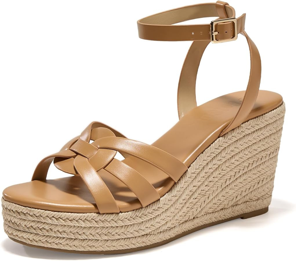Women's Open Toe Strappy Wedge Espadrilles Sandals Platform Heeled Sandal Summer Slide Shoes | Amazon (US)