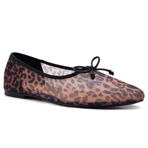 UBWDU Leopard Mesh Ballet Flats for Women Round Closed Toe Mary Jane Flats Ballerina Shoes with Bow Leopard Black 8.5 | Amazon (US)