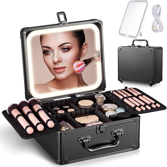 Makeup Box with A Detachable Lighted Mirror, Portable Cosmetic Organizer & Makeup Suitcase with A... | Amazon (US)