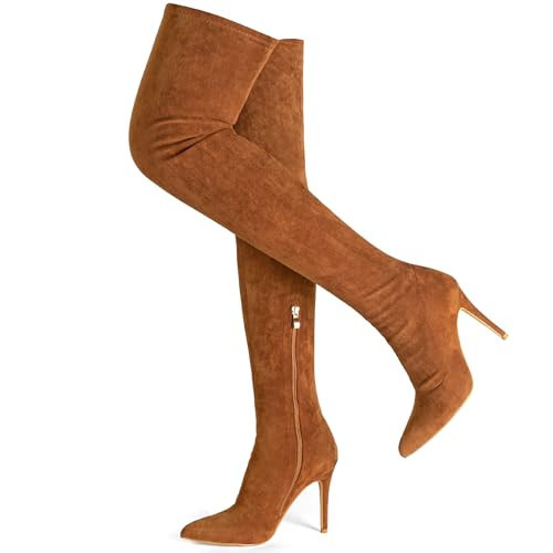 Jiu du Brown Over The Knee Boots for Women Stiletto Heels Thigh High Brown Boots Side Zipper Knee High Heel Boots Size 6.5 | Amazon (US)