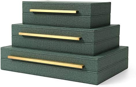 Amazon.com: Kingflux Faux Leather Set of 3 Pcs Decorative Boxes , Storage Boxes Linen Fabric Text... | Amazon (US)