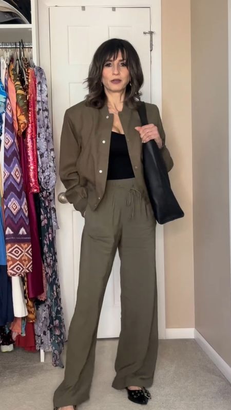 A great casual chic look for Spring!

This H&M linen bomber jacket is so chic with the padded shoulders! I got it in beige (sold out), black and this grey.

The pants fit true to size and are super comfortable and very light fabric.

The Shoes fit large. I sized down to a 6.5 from 7.

This Amazon bag is so pretty! Also comes in brown!

This off one shoulder Amazon top also comes in many colors and fit true to size. I got it in red, off white and black!

#LTKover40 #LTKfindsunder50 #LTKstyletip
