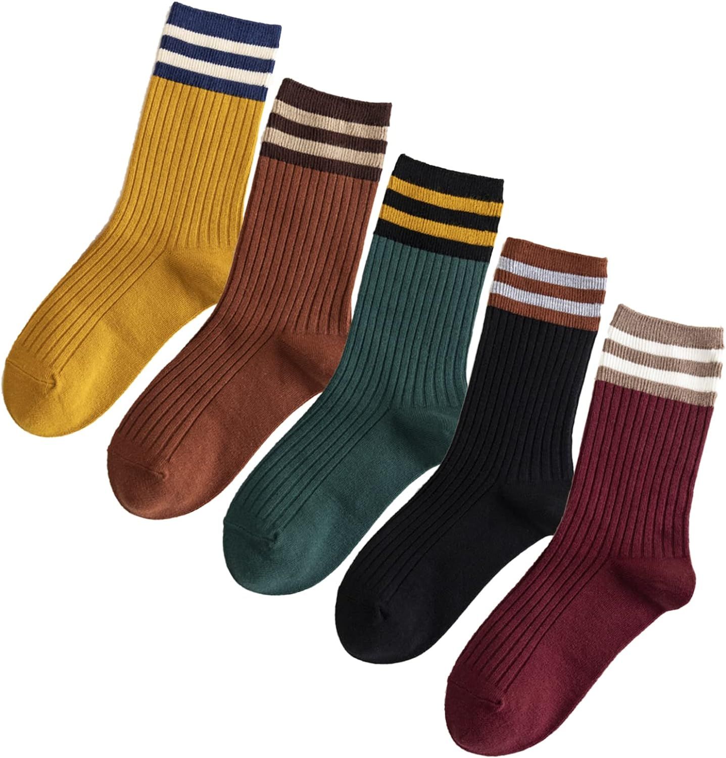 5 Pairs Fashion Striped Athletic Socks,Casual Cute Vintage Crew Socks,All Season Socks for Women ... | Amazon (US)