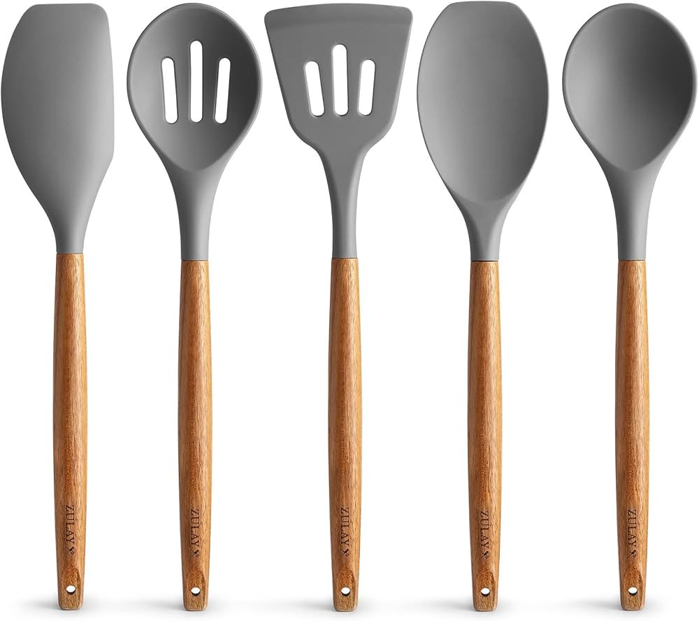 Premium 5 Piece Silicone Utensils Set with Authentic Acacia Hardwood Handles, All Purpose Silicon... | Amazon (US)