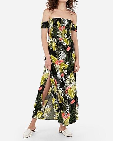 printed off the shoulder smocked bodice back cut-out maxi dress | Express