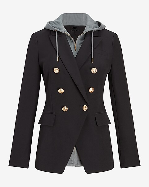 Supersoft Twill Double Breasted Blazer With Built In Hoodie | Express