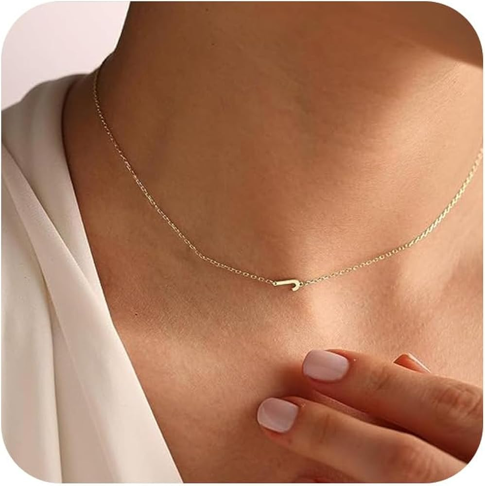 Initial Necklaces for Women, Dainty Gold Letter Necklace 14k Gold Plated Sideways Initial Necklac... | Amazon (US)