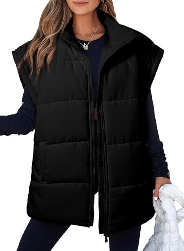 EVALESS Oversized Black Puffer Vest Women Lightweight Sleeveless Puffer Jacket Cute Winter Warm Zip Up Stand Collar Padded Vests Outerwear Coats 2024 with Pockets Small | Amazon (US)