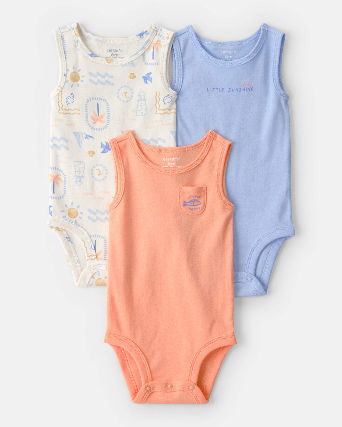 Baby 3-Pack Sunshine Sleeveless Multipack Bodysuits - Orange/Blue/Ivory | Carter's Inc