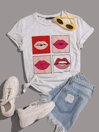 Lip Print Round Neck Tee | SHEIN