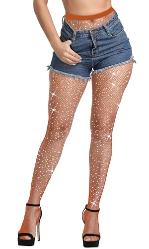 HeyUU Sparkle Rhinestone Fishnets Sexy High Waist Tights Party Glitter Rhinestone Mesh Stockings Caramel | Amazon (US)