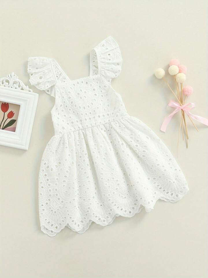 Baby Girls Summer Dress, Solid Color Lace Hollow-Out Square-Neck Flying Sleeve One-Piece For Kids, 1-5 Years | SHEIN